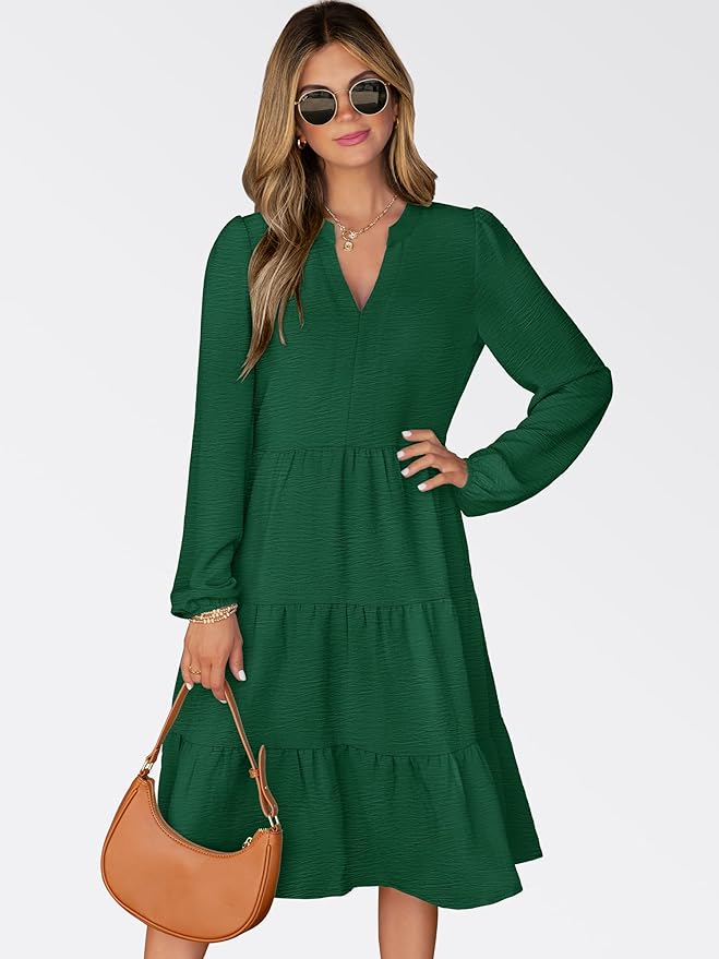 ANRABESS Womens Fall Midi Dresses Long Sleeve V Neck Swing Tiered Work Business Casual 2026 Flowy Beach Vacation Dress
