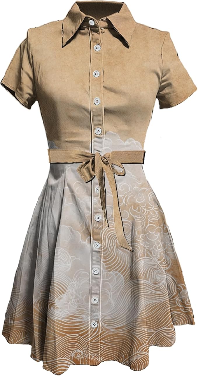 MARSVOVO Japanese Art Shirt Dresses for Women Short Sleeve Ruffle Button Down Tie Waist Trendy Elegant Midi Dress