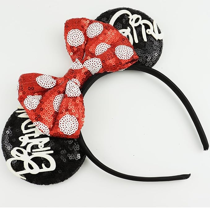 LIHELEI Mouse Ears Headband for Birthday Women, Sequin Mouse Ears for Women Princess Birthday Party Halloween Costume, Shiny Park Ears for Adult - Red and Black