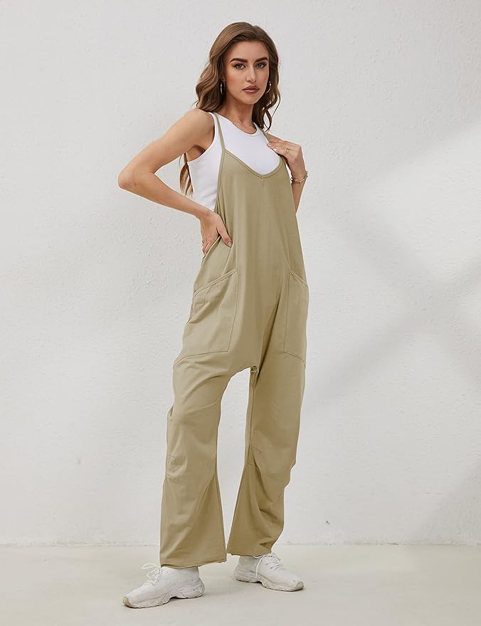 Lentta Women's Causal Jumpsuits V Neck Sleeveless Harem Overalls Stretchy Adjustable Strap Romper with Pockets