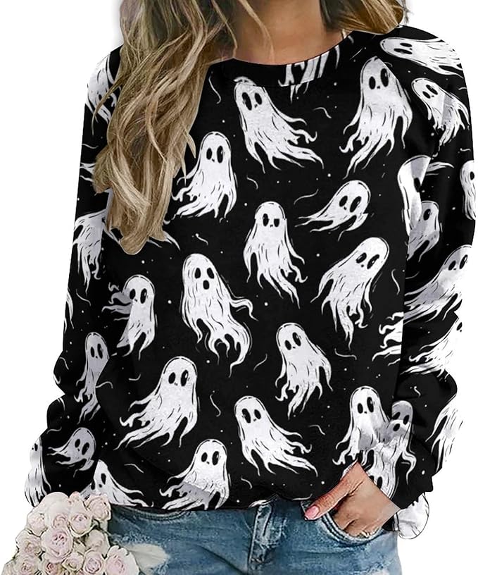 Spatofa Womens novelty funny cat printed crewneck sweatshirt casual loose long sleeve graphic pullover sweatshirts tops
