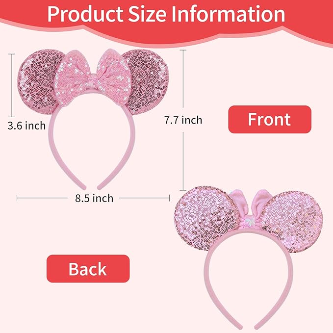 Sotaila 2 Pack Pink Purple Mouse Ears Headbands for Women Girls, Sequin Bow Headband for Cosplay Costume Birthday Party Decorations Hair Accessories