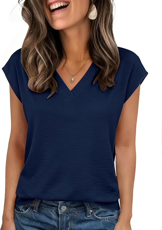 Zeagoo Womens Tops Cap Short Sleeve Textured Blouse V Neck Summer Spring Shirts Business Casual Outfits