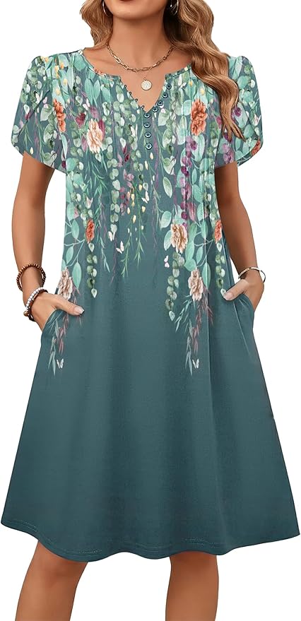 Zeagoo Women's Casual Dresses with Pockets Summer Floral V-Neck A-Line Tshirt Dress Short Sleeve Mini Dress Beach Sundress
