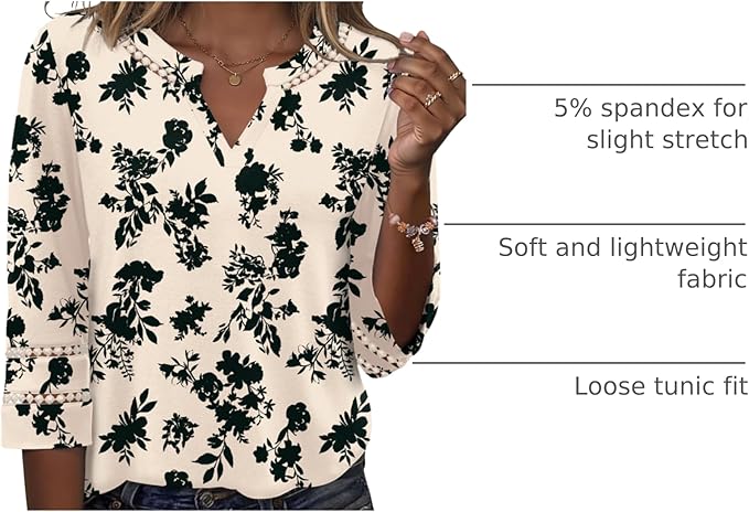 Ivicoer 3/4 Length Sleeve Womens Tops V Neck Lace Embroidered Summer Blouses Loose Fit Tunic Dressy Casual