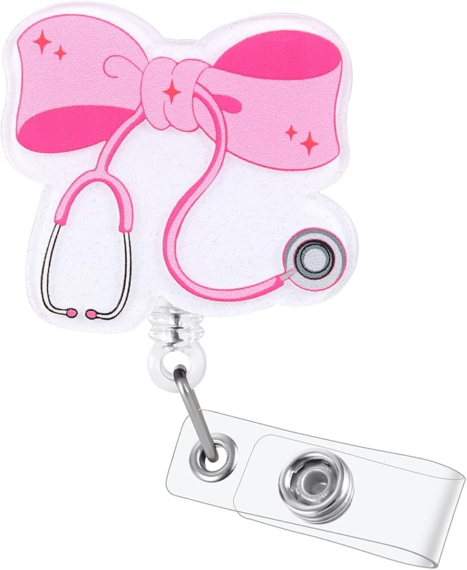 Pink Bow Stethoscope Badge Reel, Cute Retractable ID Card Badge Holder, Name Tag Work Badge Clip for ICU NICU RN LPN CNA MA ER Cardiology Night Shift Nurse Nursing Student OR GI Doctor, Nurse Gifts
