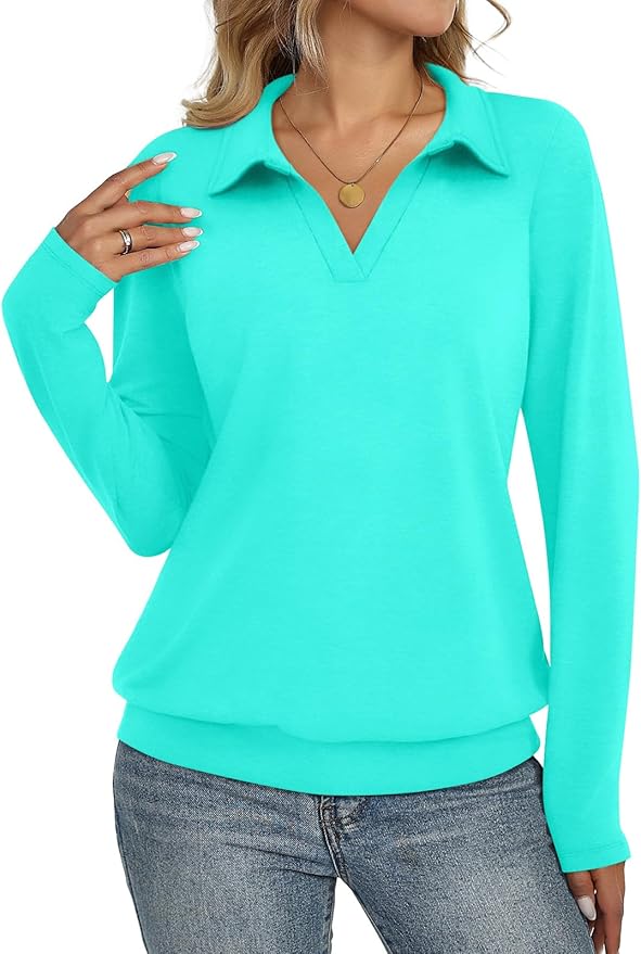 Womens Polo Shirts Long Sleeve Banded Bottom Tops Business Casual Tops Collared V Neck Blouses
