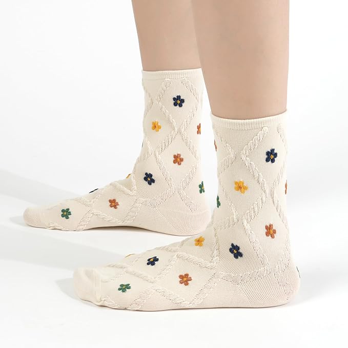 Kikiya Women's Cotton Crew Socks - Cute Flower Graphic Polka Dot Striped Heart Patterned - Ladies Girls Casual Socks Size 6-8
