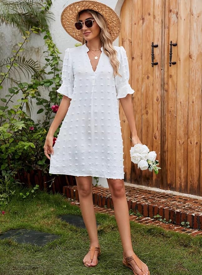 QACOHU Summer Dresses for Women V Neck Ruffle Short Sleeve Casual Shift Dress