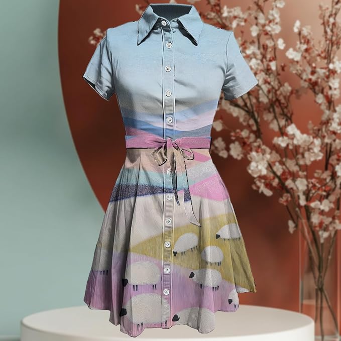 MARSVOVO Cute T Shirt Dress for Women Short Sleeve Button Up Tie Waist Elegant Casual Collared Smocked Midi Dress