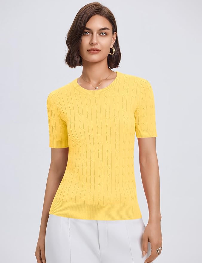 Micoson Womens Short Sleeve Cable Knit Sweater Tops Crewneck Lightweight Spring Summer Shirts Business Dressy Casual Outfits