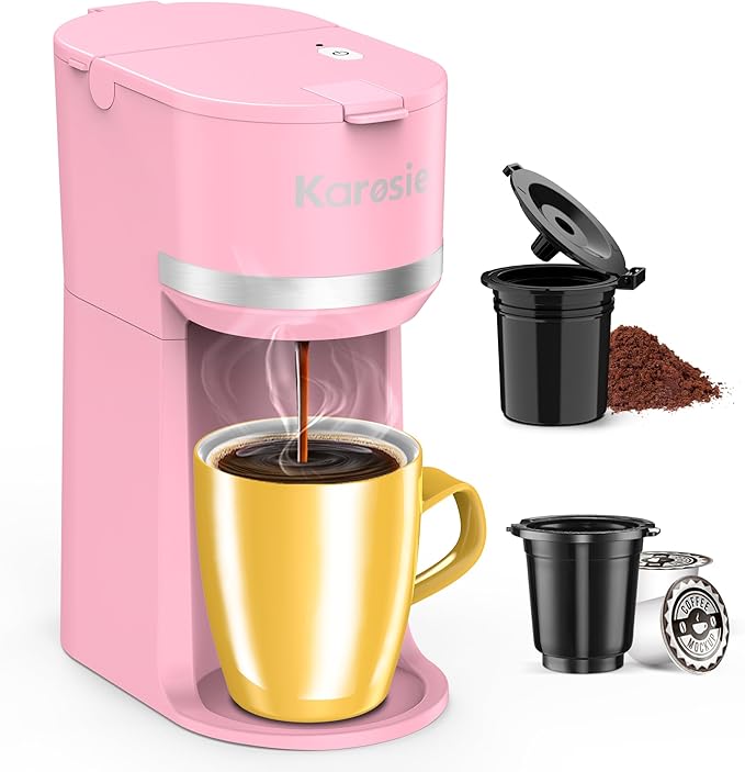 Karosie Single Serve Coffee Maker for K-Cup and Ground Coffee, Fast Brew, 6-12 oz Brew Sizes One Cup Coffee Machine Fits 5.5" Mugs, One-Button Small Coffee Maker with Descaling Reminder,Pink