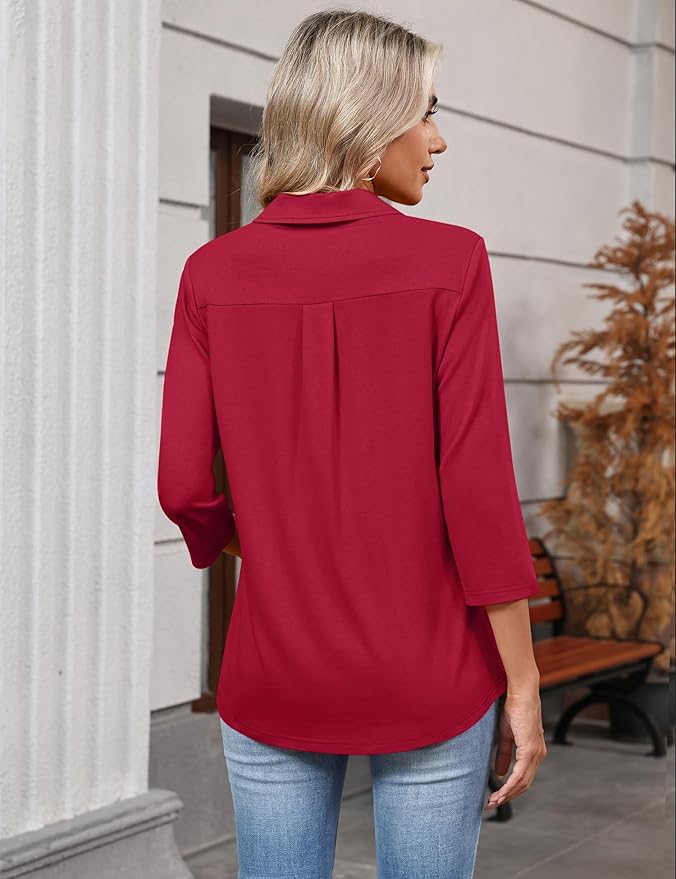 LOMON 3/4 Length Sleeve Womens Tops 2026 Spring Summer Collared Polo Shirts V Neck Casual Basic Polos Tees Shirt