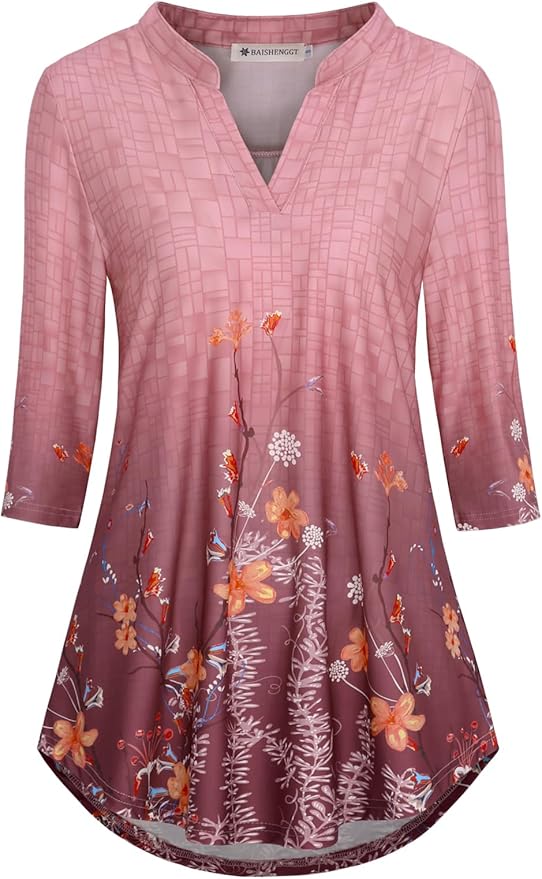 BAISHENGGT 3/4 Sleeve Tops for Women Notch V Neck Floral Work Blouses Dressy Casual Loose Fit Going Out Tunic Tops