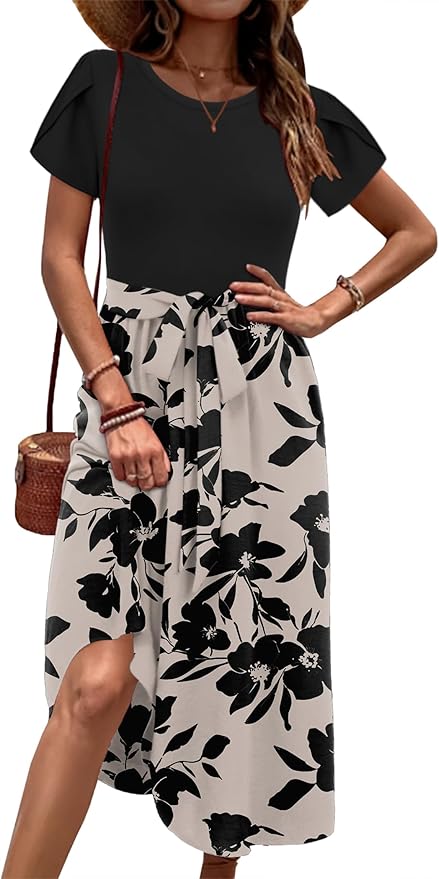 Zeagoo Womens Midi Dress Summer Short Sleeve Dress with Pockets 2025 Casual Floral T-Shirt Dress Flowy Beach Sundress