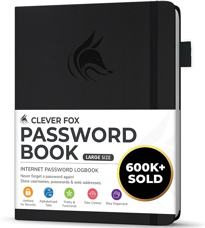 Clever Fox Password Book with alphabetical tabs. Internet Address Organizer Logbook. Large Password Keeper for Website Logins (Black)