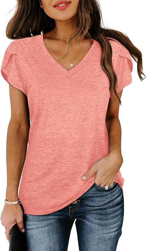 WIHOLL Womens Tops V Neck Summer Petal Sleeve Casual Tshirts