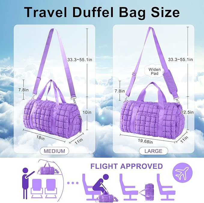 Quilted Travel Duffle Bag Gym Bag for Women,Large Puffer Duffle Weekender Bag with Compartment,Workout Overnight Carry on Organizer Bag Duffle Bag for Airplane Travel(L-Purple)