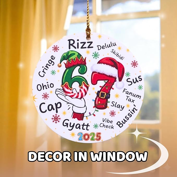 67 Funny Christmas Ornament – 67 Meme Teen Slang Santa Says Six Seven Acrylic Ornament, Rizz Gyatt Skibidi Delulu Sus Holiday Decor, Viral Xmas Gift for Gen Z Teens