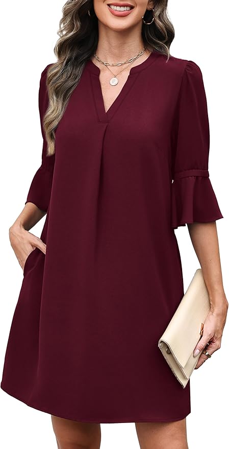 RUMIA Shift Dress for Women V Neck Ruffle Short Sleeve Loose Casual Summer Dress