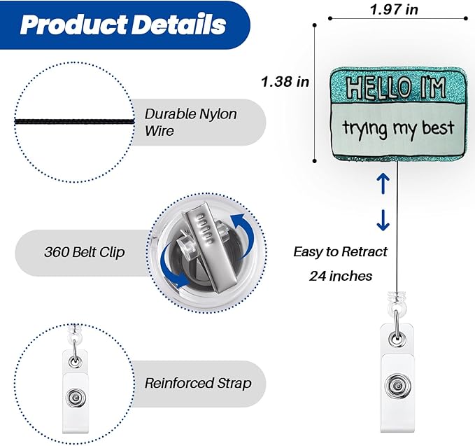 Hello I'm Trying My Best Funny Badge Reel, Cute Retractable ID Card Badge Holder, Name Tag Work Badge Clip for ICU NICU RN LPN CNA MA ER Night Shift Nurse Nursing Student Doctor Teacher, Nurse Gifts