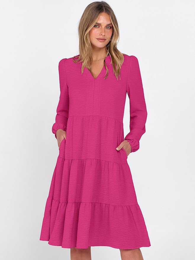 ANRABESS Womens Fall Midi Dresses Long Sleeve V Neck Swing Tiered Work Business Casual 2026 Flowy Beach Vacation Dress