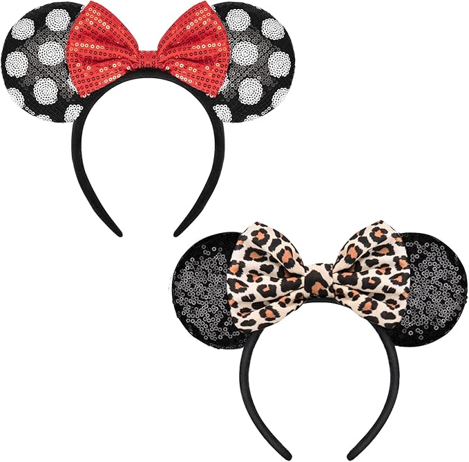 YUNISS 2 PCS Mouse Ears, Shiny Sequin Bow Mouse Ears Headbands for Adult Women Girls Christmas Birthday Party