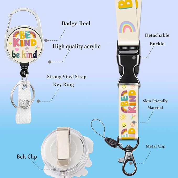 Lanyard for ID Badge Holder Badge Reel Be Kind for Man Women Cute Nurse Teacher Name Tag Clip Retractable Keychain Heavy Duty Work Office Gifts Accessories