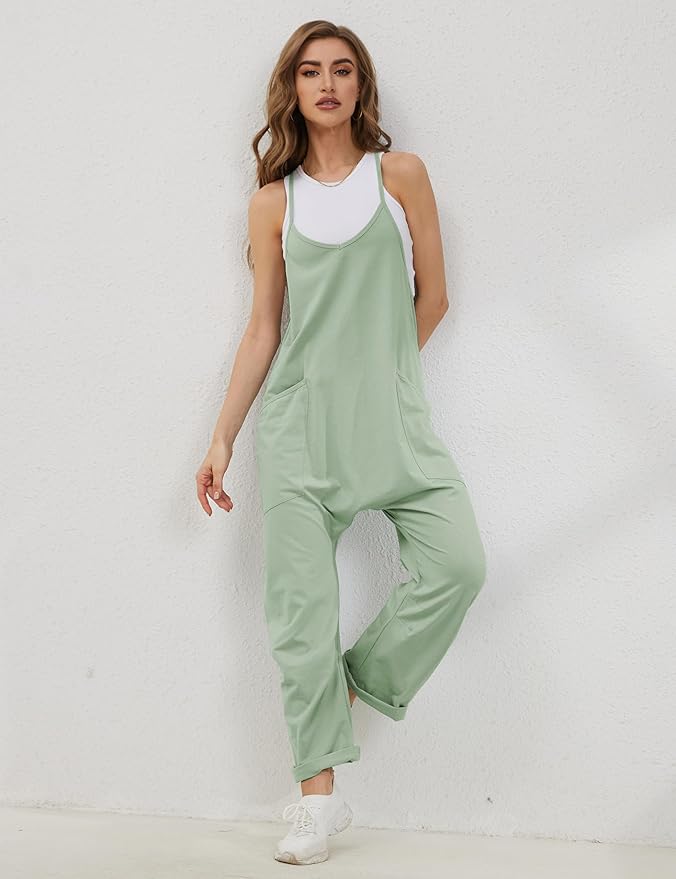 Lentta Women's Causal Jumpsuits V Neck Sleeveless Harem Overalls Stretchy Adjustable Strap Romper with Pockets