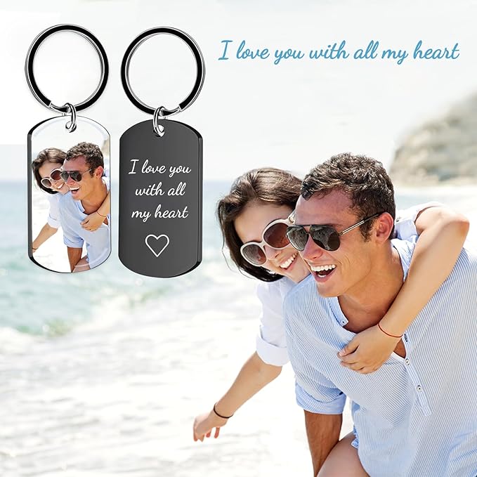 RSQGT Personalized Custom Keychain with Picture - Double Sided Engraving Photo Text Customized Key Chains for Men Boyfriend