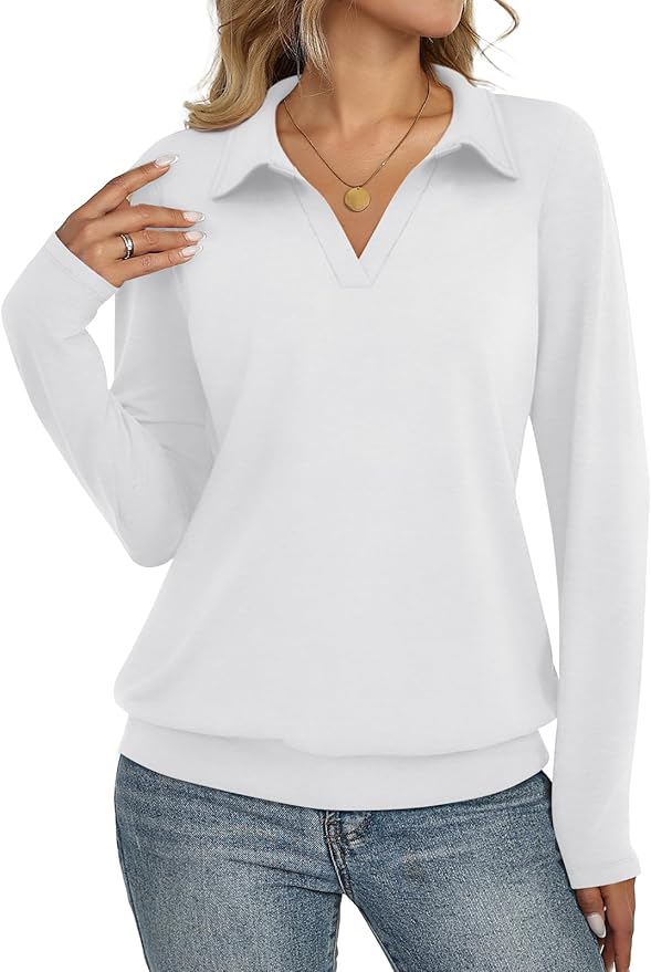 Womens Polo Shirts Long Sleeve Banded Bottom Tops Business Casual Tops Collared V Neck Blouses