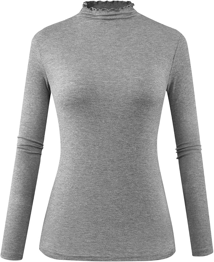 POPZONE Women's Lettuce Trim Mock Neck Long Sleeve Slim Fit Ribbed Knit Tee Shirt Tops