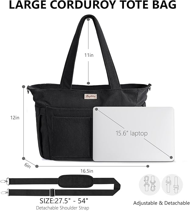 Corduroy Tote Bag for Women, 17 Pockets Laptop Work Tote Lightweight Teacher Nurse Bible Shoulder Bag for School Daily Travel