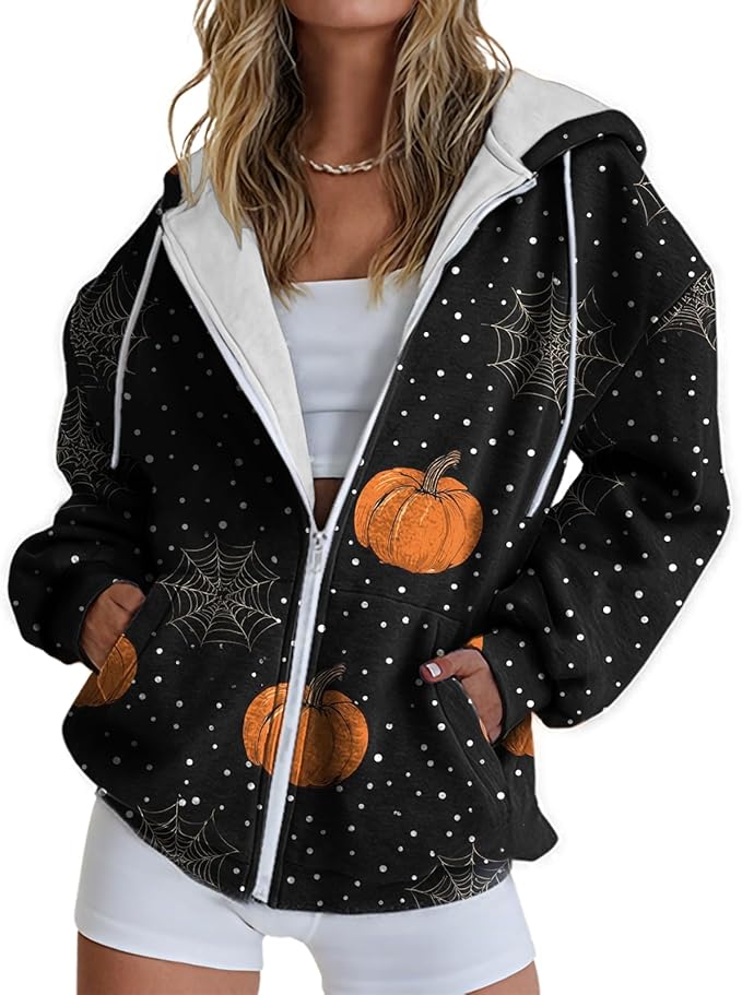 domirica Halloween Hoodie Lightweight Zip Hoodies For Women Fall Casual Vintage Sweatshirt Casual Wear Fashion Outfits