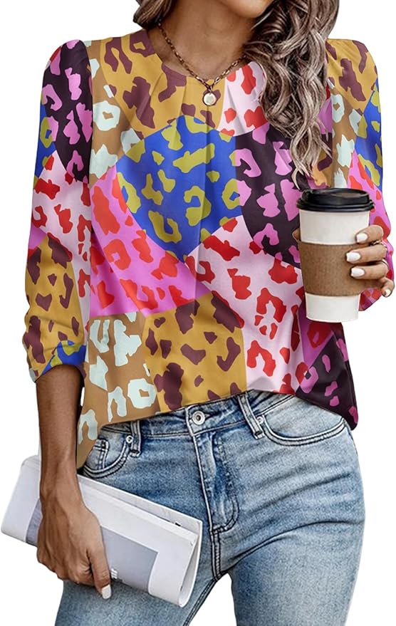Samefar Womens Tops Dressy Casual Pleated Crew Neck Long Sleeve Shirts Office Work Chiffon Blouses