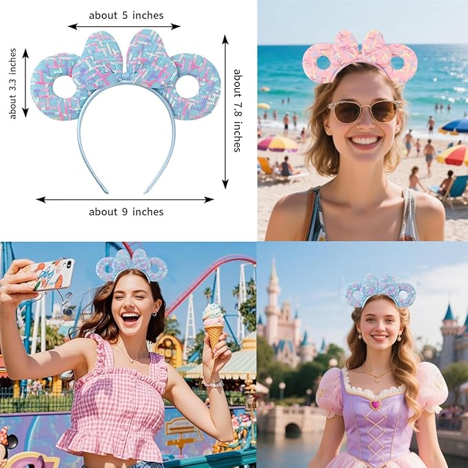 WW-WONDERFULWORLD 2 Pack Mouse Ears Headband Sets, Multicolor line Maze Sequin Pattern, Pink & Blue Band, Party Costume Accessory; TTQ2