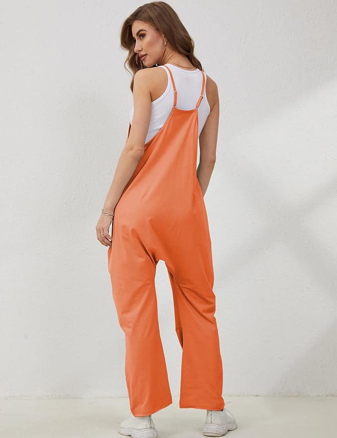 Lentta Women's Causal Jumpsuits V Neck Sleeveless Harem Overalls Stretchy Adjustable Strap Romper with Pockets