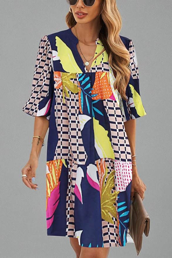 QACOHU Summer Dresses for Women V Neck Ruffle Short Sleeve Casual Shift Dress
