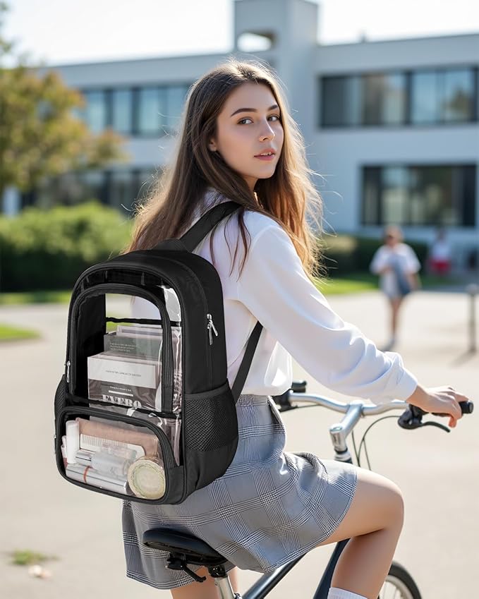 KIMNERPU Clear Backpack, Heavy Duty Transparent Bookbag for School, Fabric & PVC Transparent Backpack with Reinforced Strap for Women Men, Capacity Clear Bag for College, Travel, X-Large Black