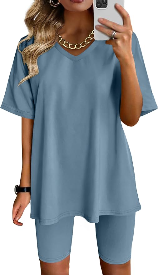 AGSEEM Two Piece Outfits For Women Summer V Neck T-Shirt Tops Biker Shorts Workout Sports Tracksuit