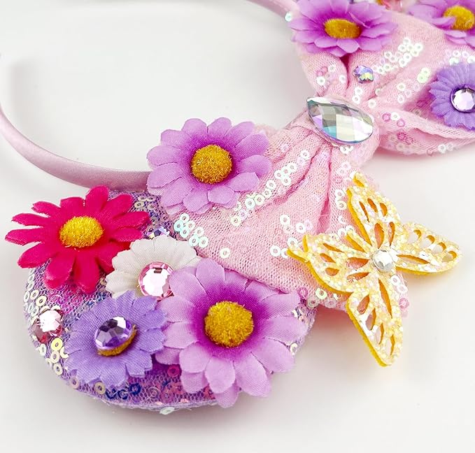 LIHELEI Mouse Ears Headband for Princess, Flower Mouse Ears for Princess Women Birthday Party Halloween Costume, Shiny Park Ears for Adult - Flower Headband