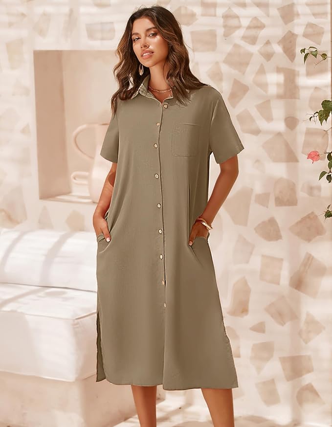 Zeagoo Women Dresses Summer Casual Short Sleeve Button Down Shirt Dresses 2025 Beach Cover Up with Pockets