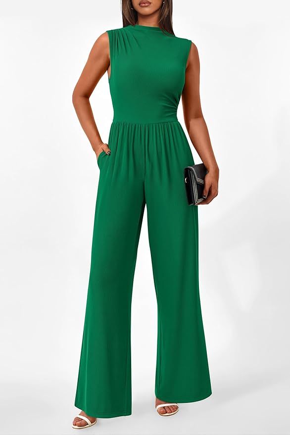 PRETTYGARDEN Womens Summer Jumpsuits Dressy Casual One Piece Outfits Sleeveless Mock Neck Wide Leg Pants Rompers with Pockets