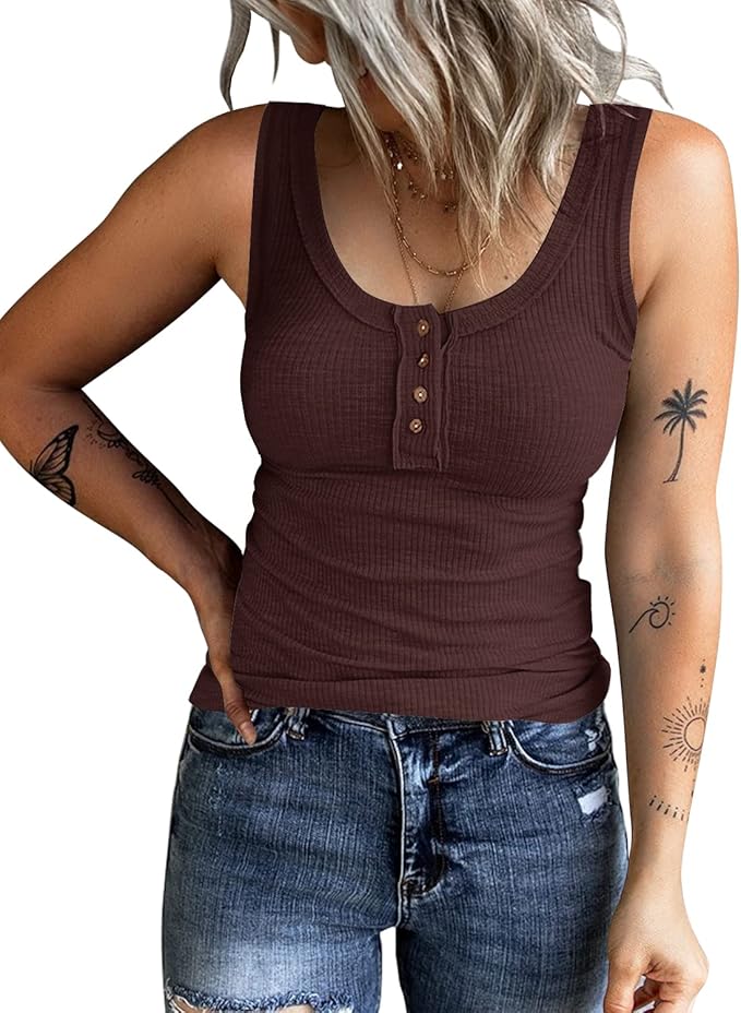 KINLONSAIR Women's Sleeveless Henley Tank Tops Ribbed V Neck Button Down T Shirts Summer Slim Fit Tee Tops