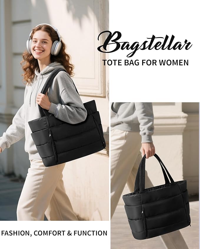 Puffer Tote Bag for Women, Lightweight Puffy Work Handbag Teacher Nurse Quilted Shoulder Bag for School Travel Gym | Quilted, with Zipper, Daily Carry On Bags, Comfy College Bags, 15.6" Laptop Sleeve, Cup Holder Pocket, Portable, Spacious
