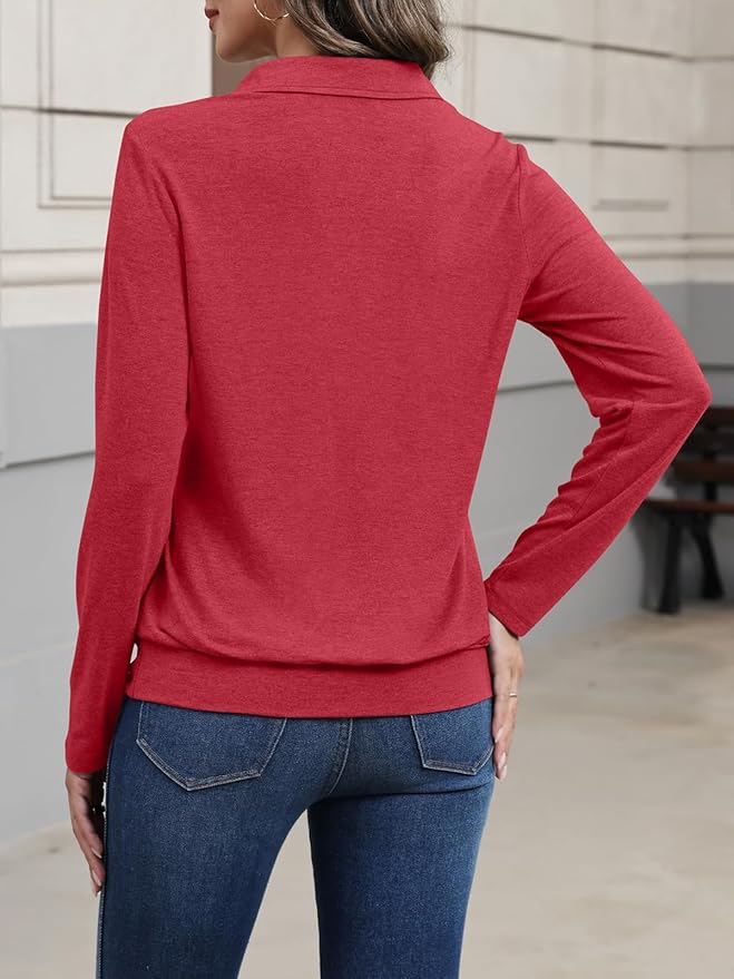 Womens Polo Shirts Long Sleeve Banded Bottom Tops Business Casual Tops Collared V Neck Blouses