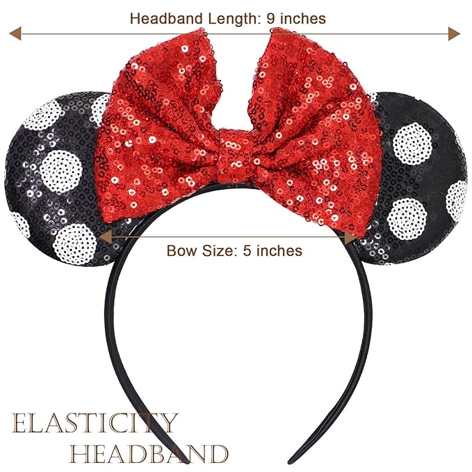 LIHELEI Minnie Ear Mouse Ears Headband with Sequin Bows, Mouse ears Headbands for Women Halloween Costume, Headwear Hair Accessories