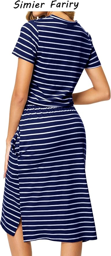 Simier Fariry Womens Spring Hide Belly Knee Length Travel Dress Pocket Summer Short Sleeve Midi Work Casual Outfits