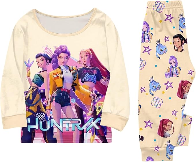 Girls 2 Piece K Pop Singer Outfits Cute Cartoon Graphic Shirts and Pants Casual Tracksuit Fashion Clothing Sets