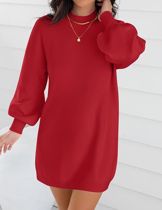ZESICA Women's 2026 Fall Turtleneck Sweater Dress Oversized Long Lantern Sleeve Casual Knit Pullover Mini Dresses
